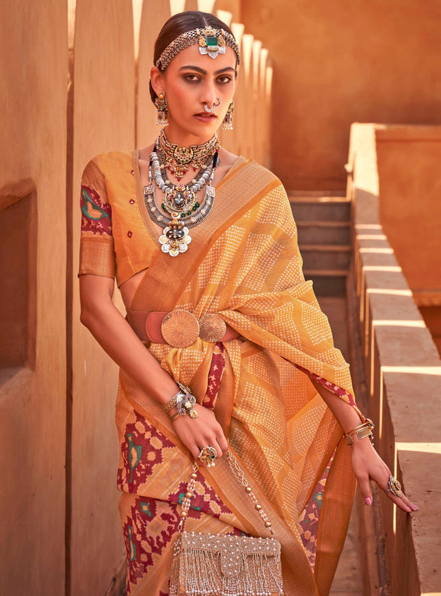 Mustard Foil Printed Cotton Silk Saree