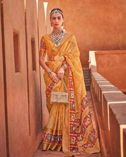 Mustard Foil Printed Cotton Silk Saree