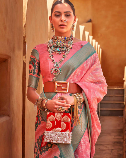 Coral Pink Foil Printed Cotton Silk Saree