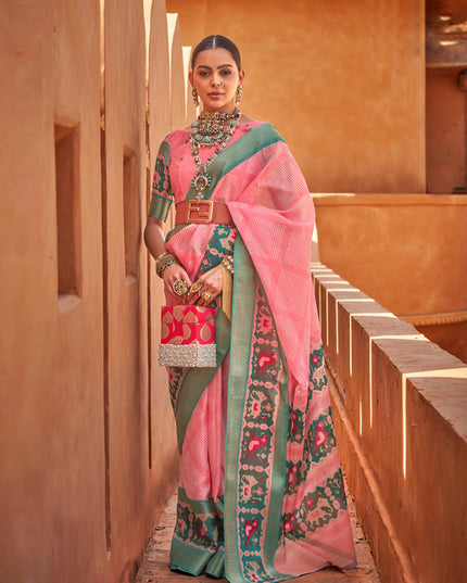 Coral Pink Foil Printed Cotton Silk Saree