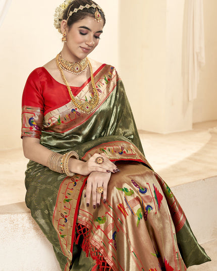 Moss Green Zari Woven Paithani Tissue Silk Saree