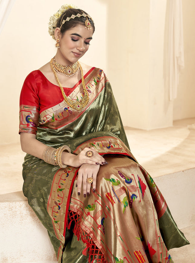 Moss Green Zari Woven Paithani Tissue Silk Saree