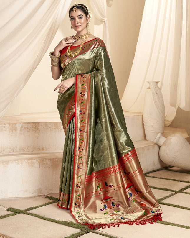 Moss Green Zari Woven Paithani Tissue Silk Saree