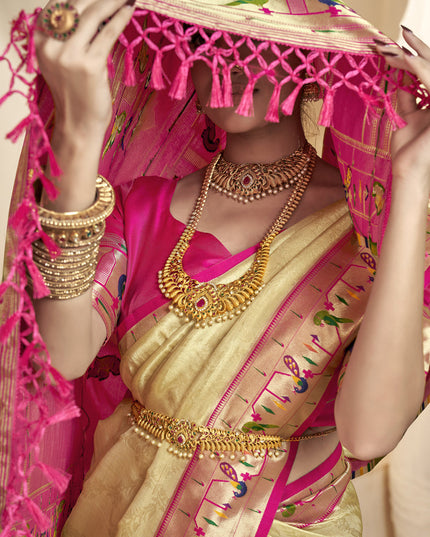 Cream Zari Woven Paithani Tissue Silk Saree