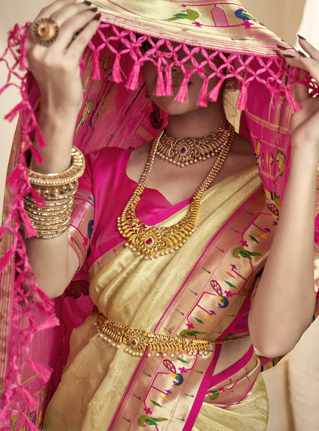 Cream Zari Woven Paithani Tissue Silk Saree