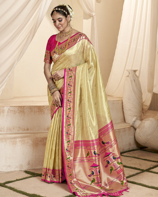 Cream Zari Woven Paithani Tissue Silk Saree
