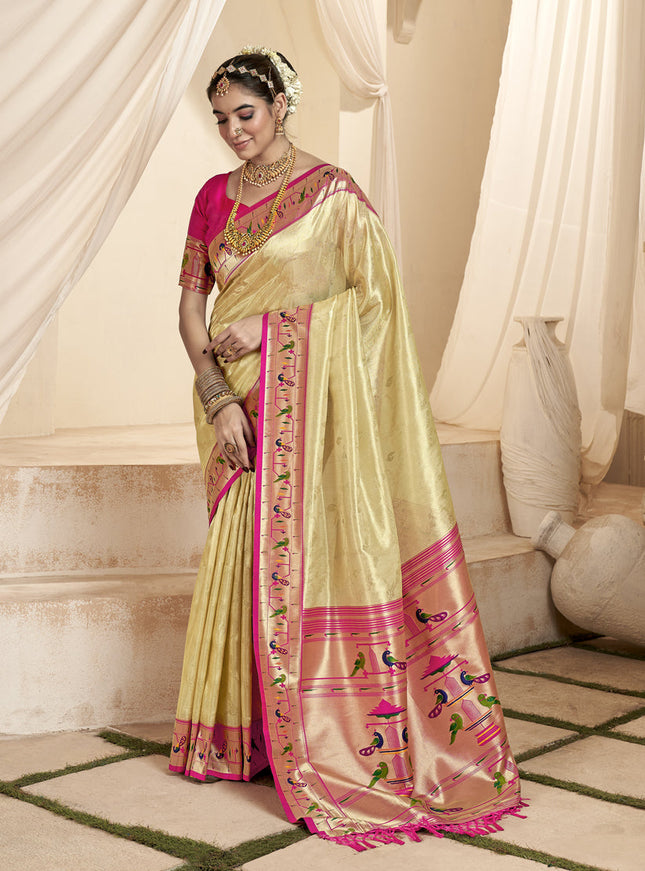 Cream Zari Woven Paithani Tissue Silk Saree