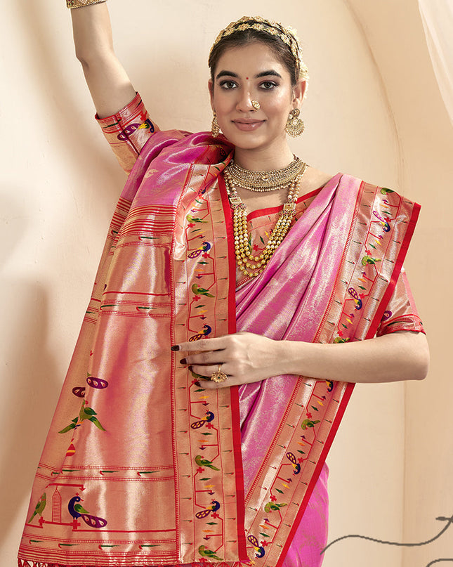 Cherry Pink Zari Woven Paithani Tissue Silk Saree