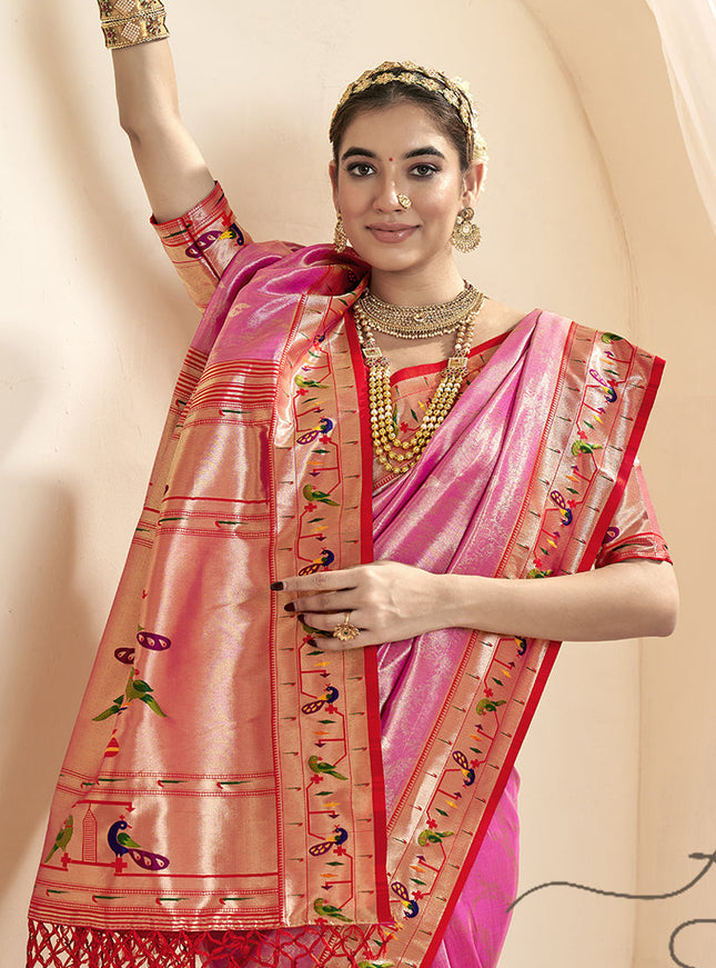 Cherry Pink Zari Woven Paithani Tissue Silk Saree