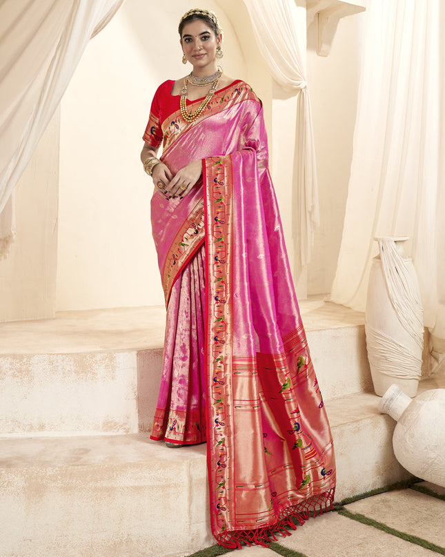 Cherry Pink Zari Woven Paithani Tissue Silk Saree