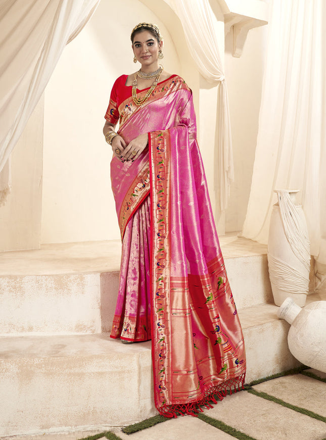 Cherry Pink Zari Woven Paithani Tissue Silk Saree
