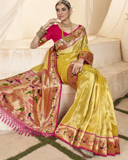 Pastel Yellow Zari Woven Paithani Tissue Silk Saree