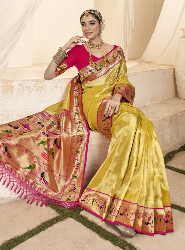 Pastel Yellow Zari Woven Paithani Tissue Silk Saree