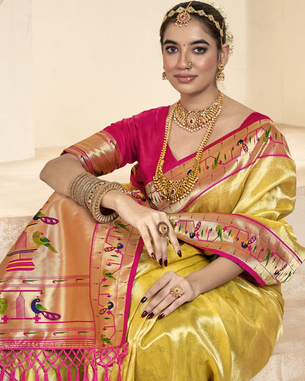 Pastel Yellow Zari Woven Paithani Tissue Silk Saree