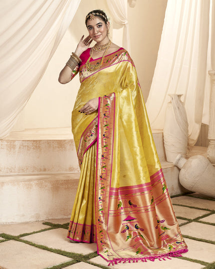 Pastel Yellow Zari Woven Paithani Tissue Silk Saree