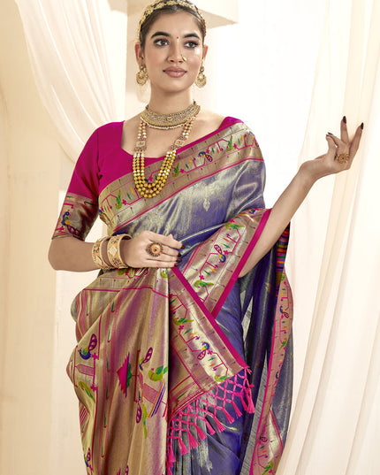 Violet Zari Woven Paithani Tissue Silk Saree