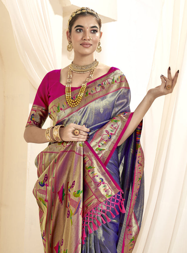 Violet Zari Woven Paithani Tissue Silk Saree