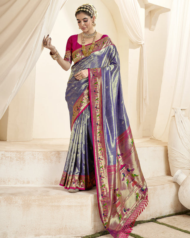 Violet Zari Woven Paithani Tissue Silk Saree