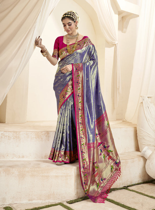 Violet Zari Woven Paithani Tissue Silk Saree