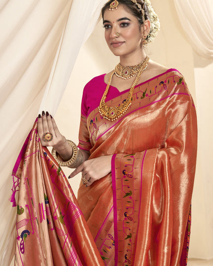 Salmon Orange Zari Woven Paithani Tissue Silk Saree
