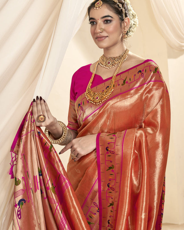 Salmon Orange Zari Woven Paithani Tissue Silk Saree