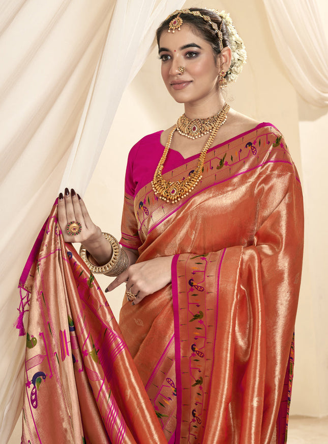 Salmon Orange Zari Woven Paithani Tissue Silk Saree