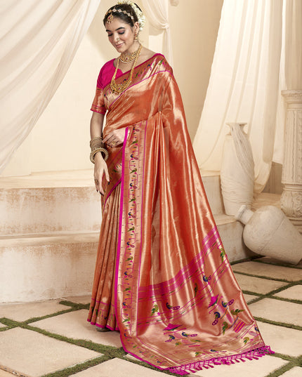 Salmon Orange Zari Woven Paithani Tissue Silk Saree