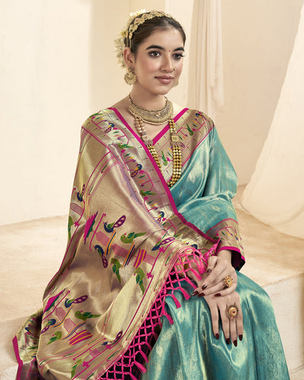 Firozi Zari Woven Paithani Tissue Silk Saree