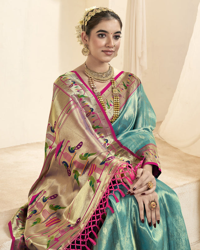 Firozi Zari Woven Paithani Tissue Silk Saree