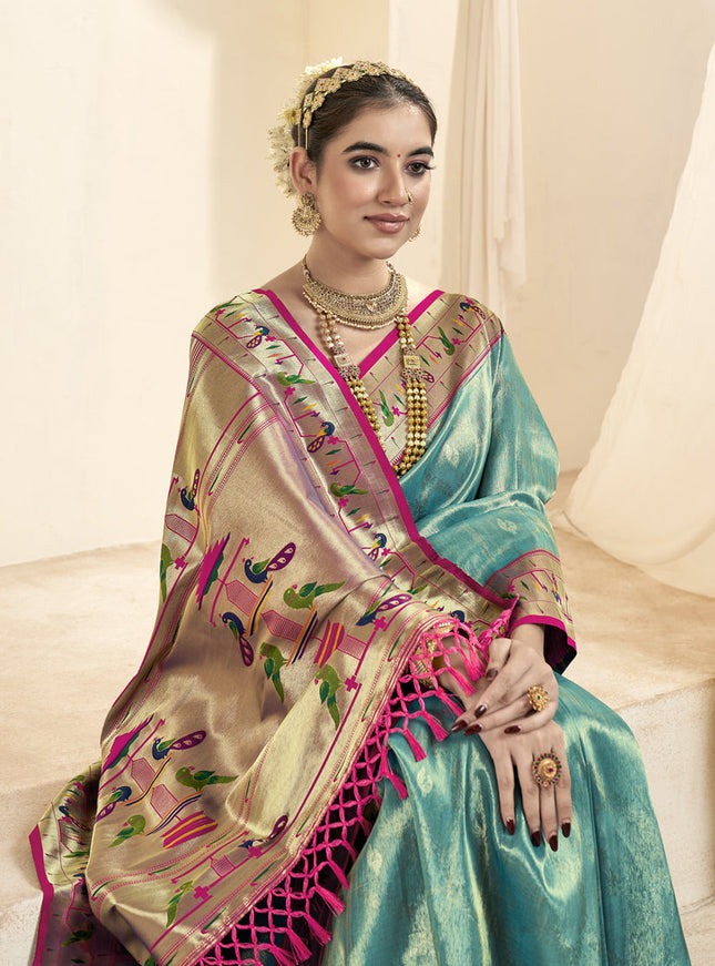 Firozi Zari Woven Paithani Tissue Silk Saree