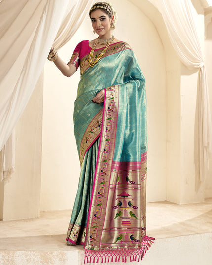 Firozi Zari Woven Paithani Tissue Silk Saree
