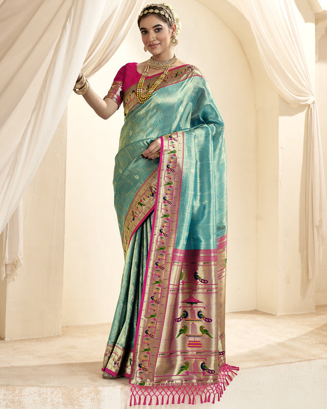 Firozi Zari Woven Paithani Tissue Silk Saree