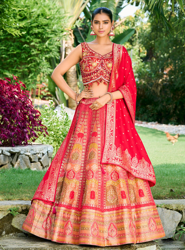 Red Silk Readymade Designer Lehenga Choli