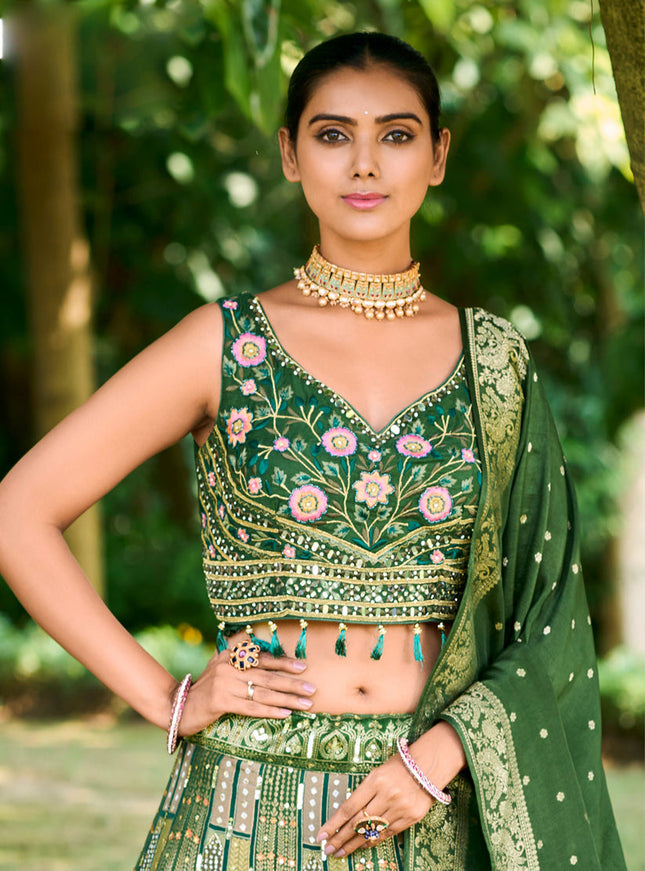 Moss Green Silk Readymade Designer Lehenga Choli