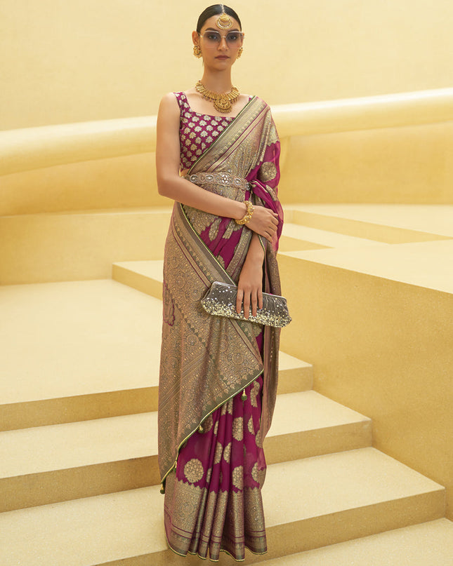 Magenta Printed Organza Brasso Party Wear Saree