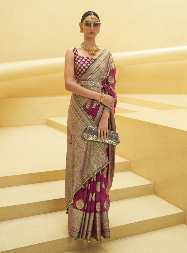 Magenta Printed Organza Brasso Party Wear Saree