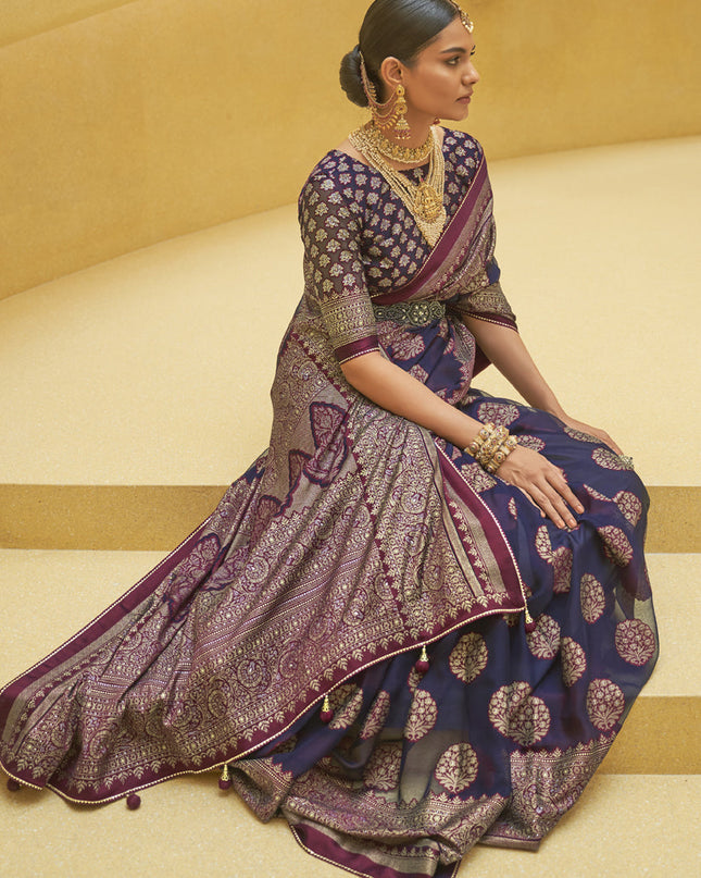 Navy Blue Printed Organza Brasso Party Wear Saree