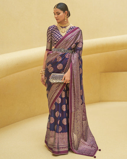 Navy Blue Printed Organza Brasso Party Wear Saree