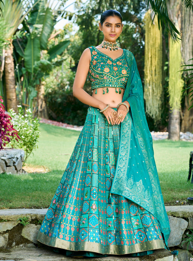 Firozi Silk Readymade Designer Lehenga Choli