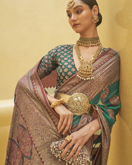 Rama Green Printed Organza Brasso Party Wear Saree