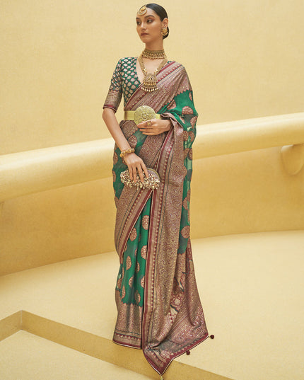 Rama Green Printed Organza Brasso Party Wear Saree