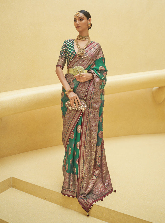 Rama Green Printed Organza Brasso Party Wear Saree