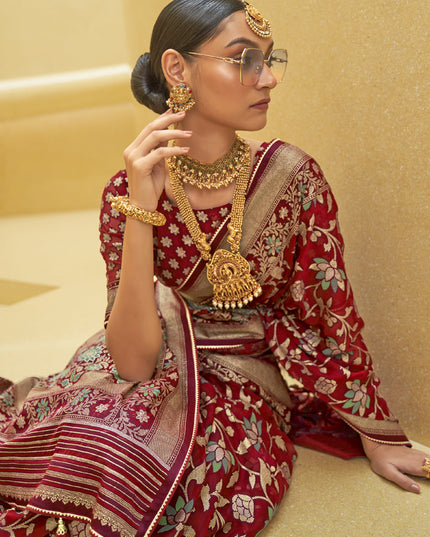 Cherry Red Printed Organza Brasso Party Wear Saree