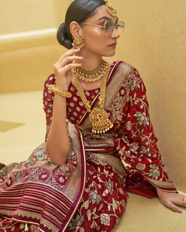 Cherry Red Printed Organza Brasso Party Wear Saree