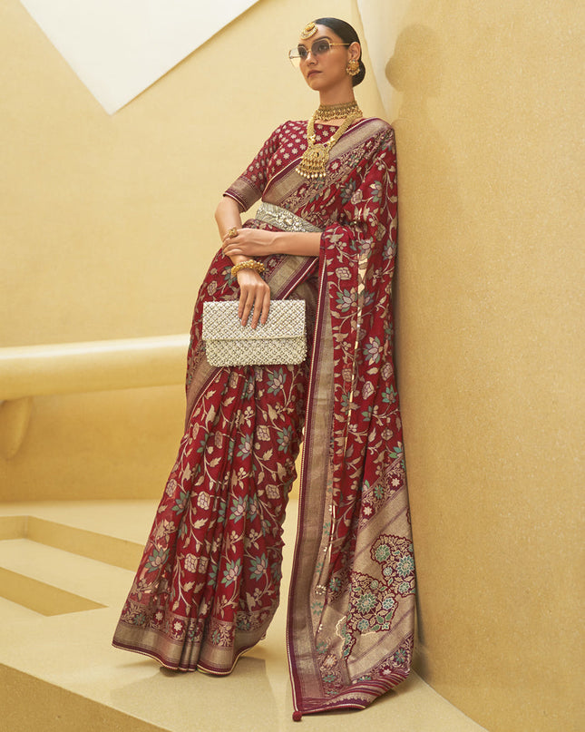 Cherry Red Printed Organza Brasso Party Wear Saree