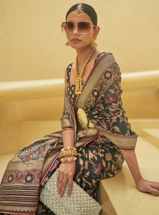 Pine Green Printed Organza Brasso Party Wear Saree