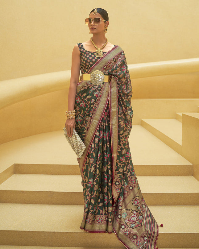 Pine Green Printed Organza Brasso Party Wear Saree