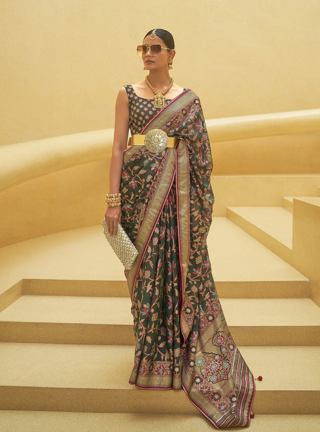 Pine Green Printed Organza Brasso Party Wear Saree