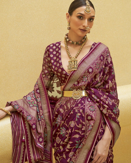 Magenta Printed Organza Brasso Party Wear Saree