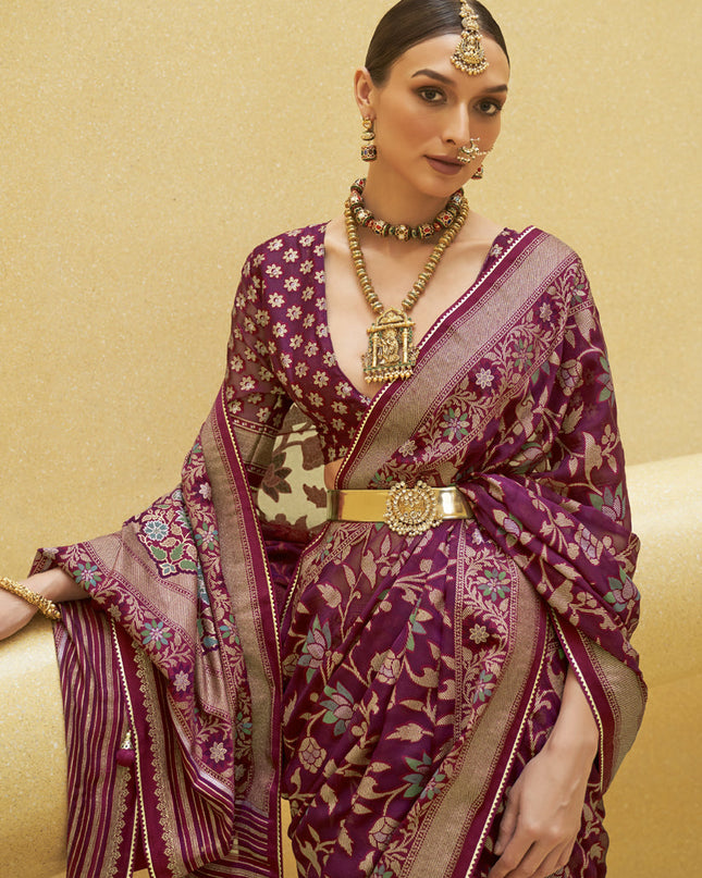 Magenta Printed Organza Brasso Party Wear Saree